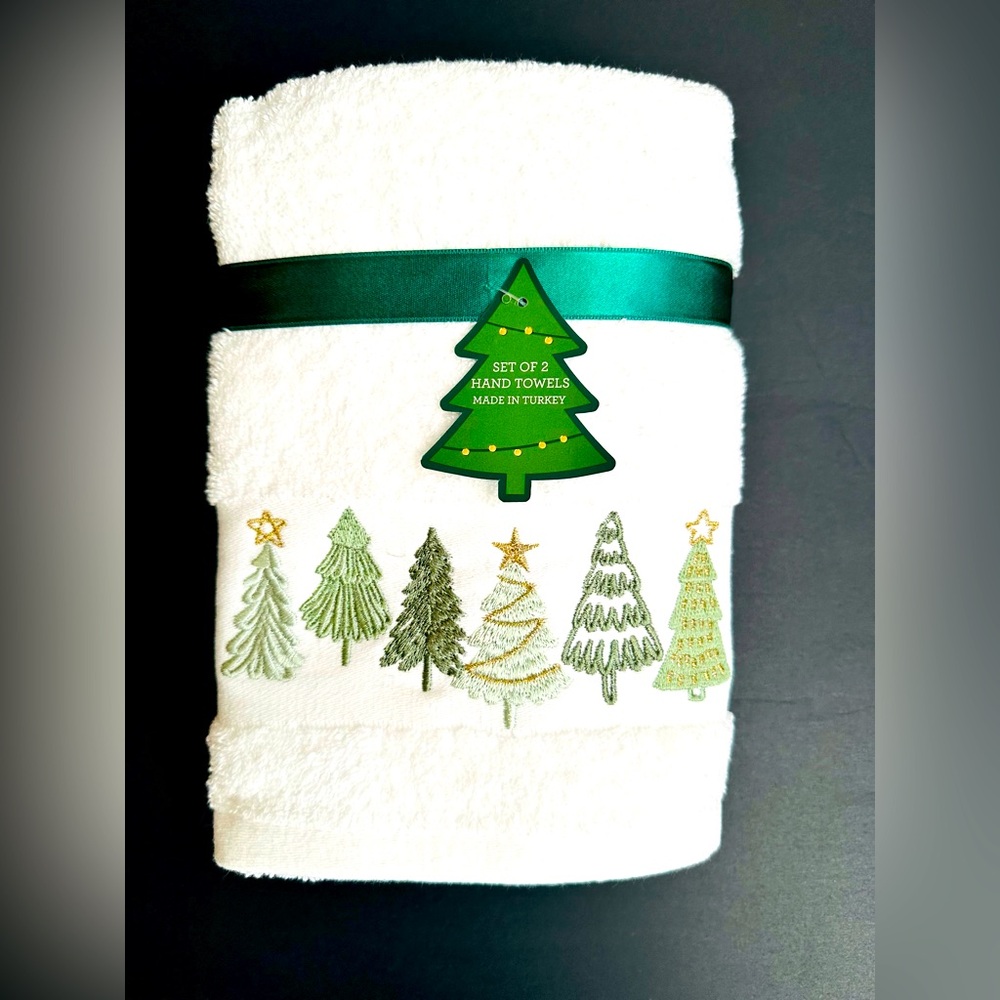 2pc BALSAM & FIR Hand Towel Set With Six Sage Tree Motif -100% Cotton